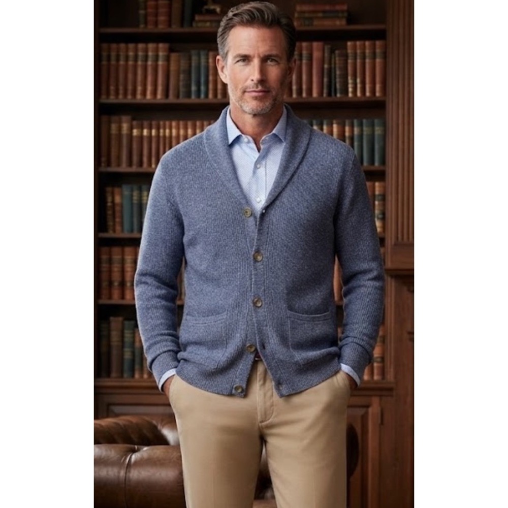 Peter Millar Alpine Shawl Cardigan Sweater Mens Lg Hemp Blend Lightweight Blue